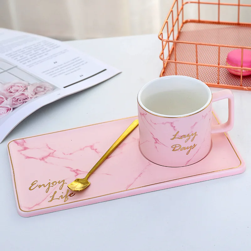Новинка, Золотая инкрустация, Мраморная кофейная чашка для молока с ложкой и блюдцем, керамическая чашка для послеобеденного чая, тарелка, модная кружка для молока - Цвет: pink
