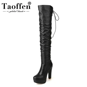 

TAOFFEN Plus Size 34-48 High Heels Women Boots Platform Fur Winter Warm Over Knee Boots Lace Up Long Boots Sexy Shoes Ladies