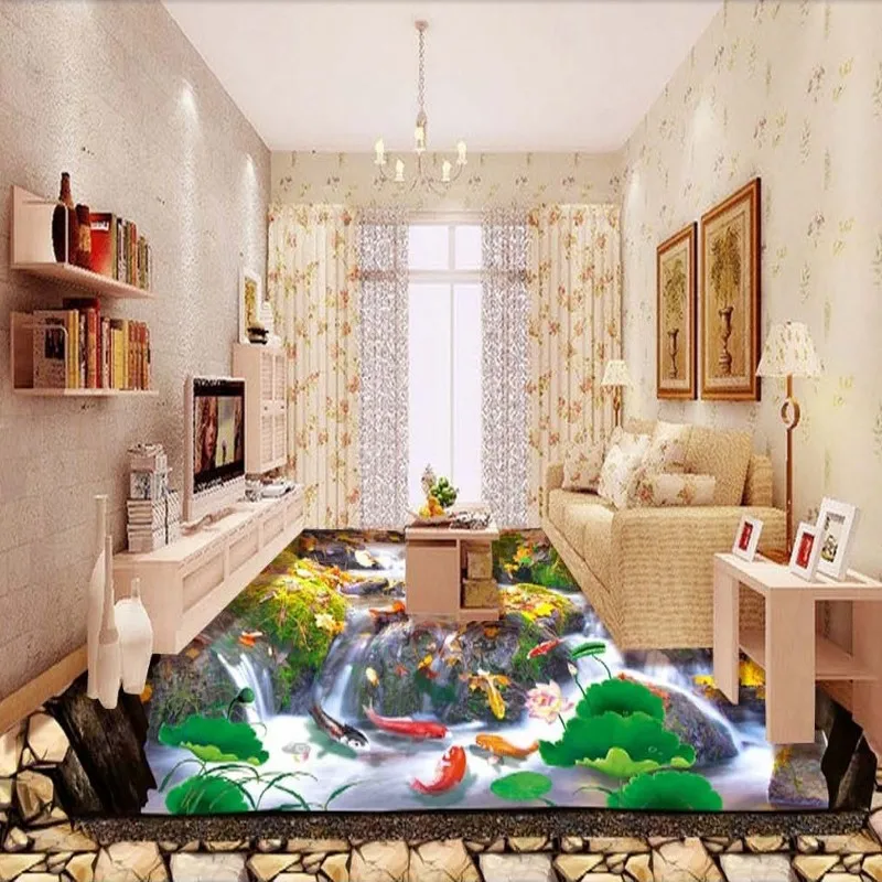 

Free Shipping HD Park Stone Creek Carp Landscape Waterfall 3D Floor self-adhesive thickened bathroom kitchen flooring mural