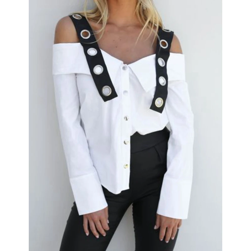 

Fashion Women's Ladies Summer Long Sleeve Button Sexy Off Shoulder Shirt Loose Casual Blouse Tops Shirts