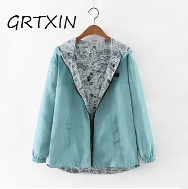 

Spring Bomber Jacket Women Zipper Hooded Long Coats Two Side Can Wear Cartoon Print Outwear Casual Loose Pockets Tops