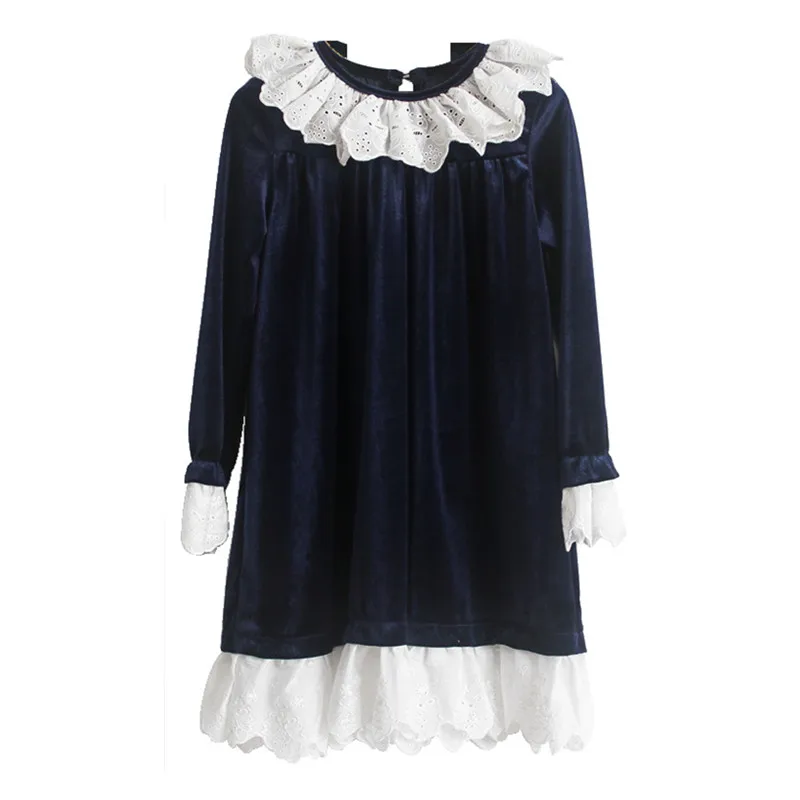 

4 to 14 years kids & teenager girls long sleeve eyelet lace trim velour princess party dresses children fall winter velvet dress