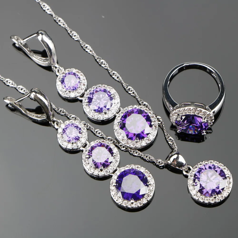 3PCS Ladies Purple Stones Jewelry Sets 925 Sterling Silver Jewelry For