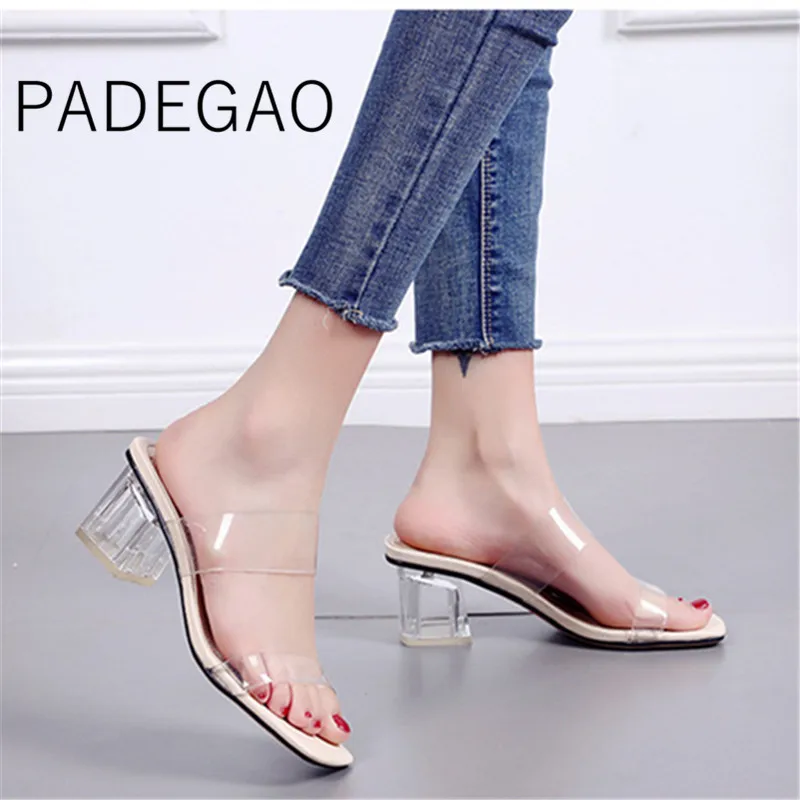 

Ladies Causal Square Heel Slippers Open Toe Transparent Elegant Sexy Korean Style Slides Shoes