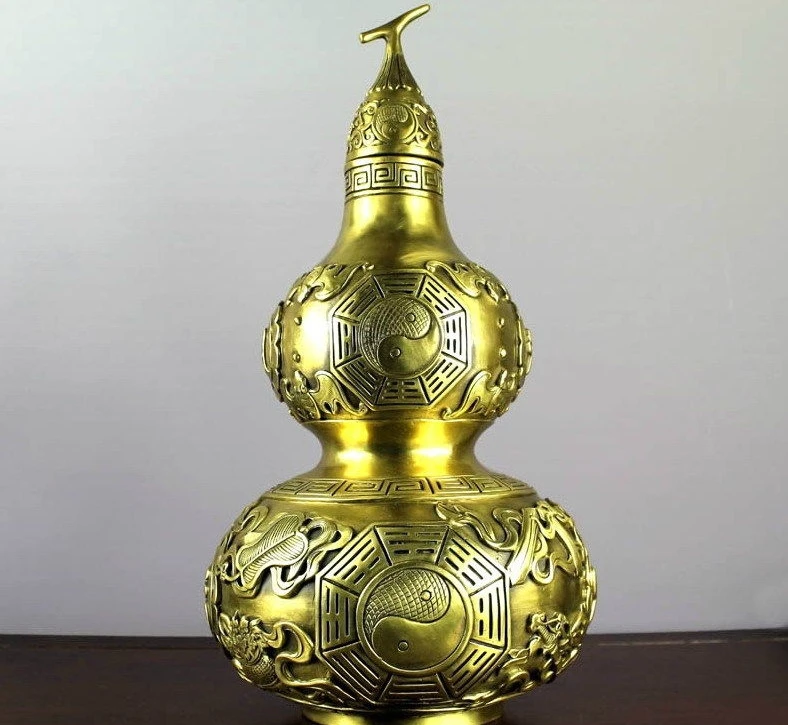 

China Feng Shui Brass Copper Yin and yang Gossip Wealth Pot Vase cucurbit Gourd