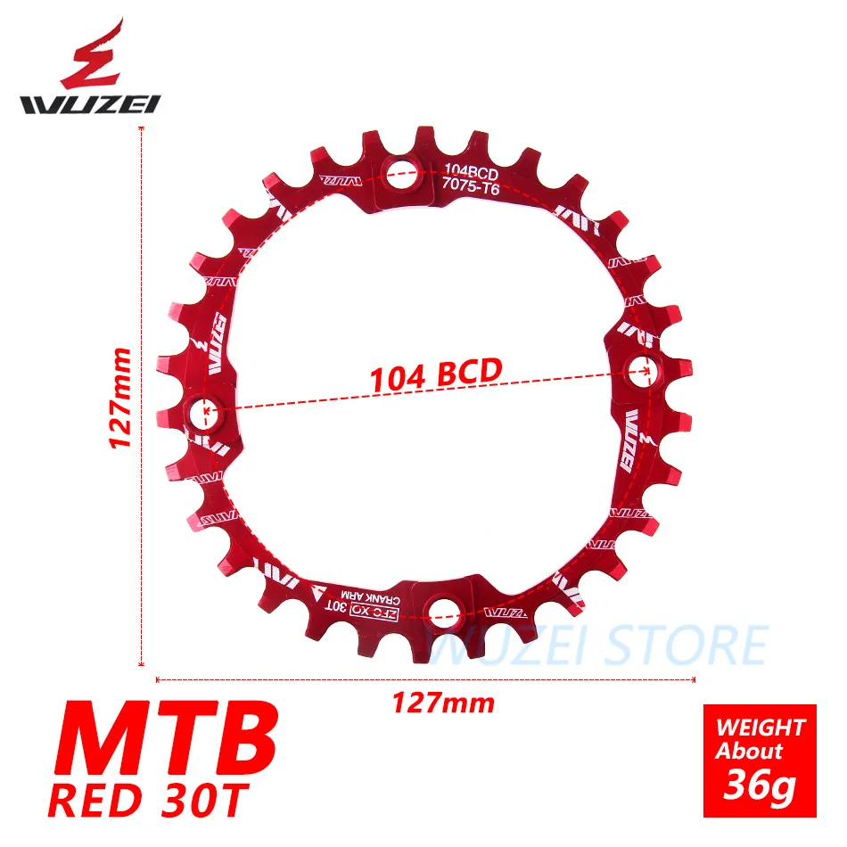 WUZEI велосипедная кривошипная Звездочка 30T 104BCD велосипедная круглая узкая широкая Ультралегкая 7075-T6 MTB велосипедная цепь круглая шатунная пластина - Цвет: red