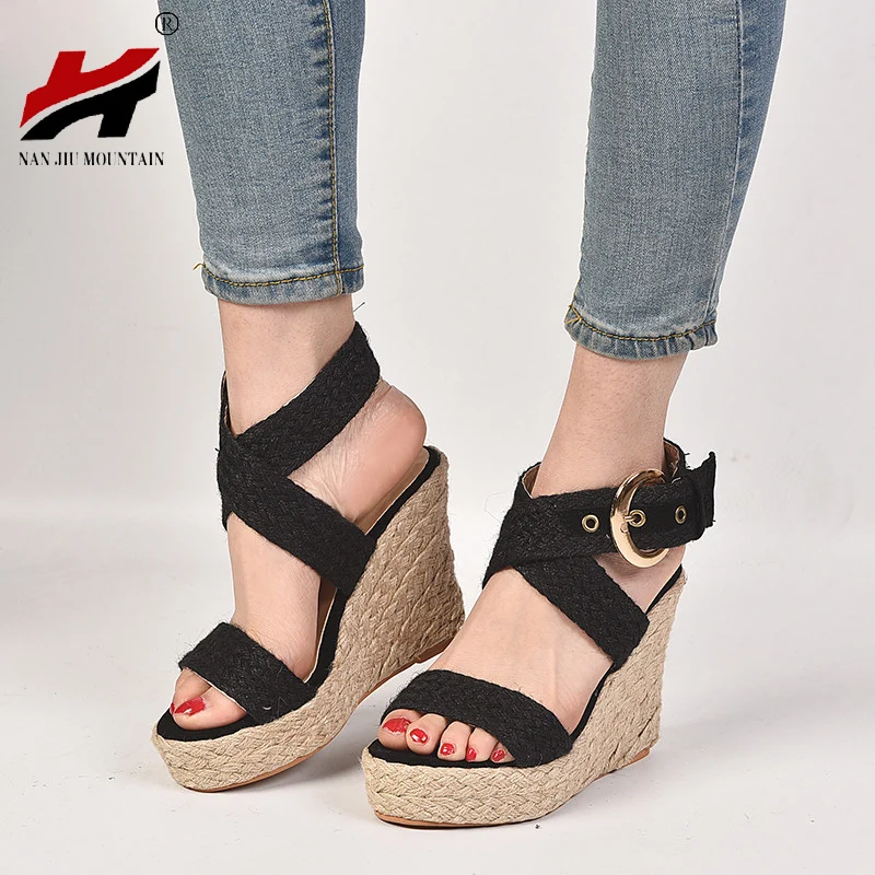 

NAN JIU MOUNTAIN Summer Wedge Sandals Women's Hemp Rope Cross Buckle High Heels Women's Shoes 3 Color Plus Size 35-43