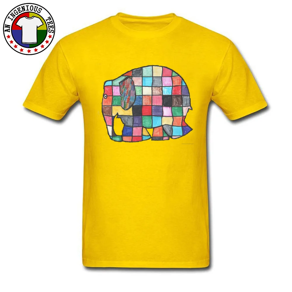 Men's Funny Tops Shirt O Neck Summer/Autumn 100% Cotton T Shirt Casual Short Sleeve Elmer elephant patchwork Tops T Shirt Elmer elephant patchwork yellow