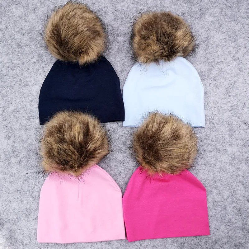 New Spring Newborn Baby Boys Girls Cotton Beanies Hats With Big Faux Fur Pompom Solid Cute Girls Hats Cap Hair Accessories
