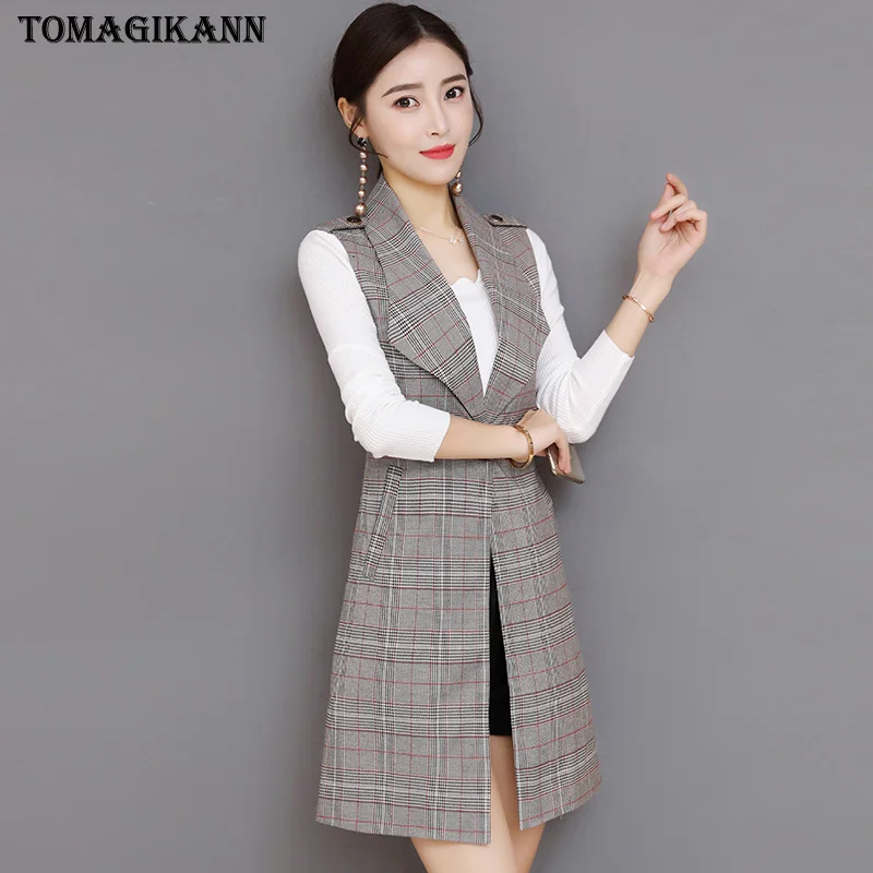 

Autumn Plaid Long Blazer Vest Women Office Slim Single Button Epaulet Women Suit Vest Vintage Waistcoat Sleeveless Jacket