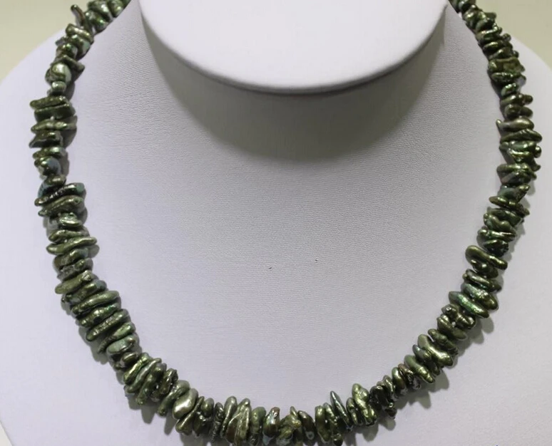 

~~ 11.21 Green Beautiful keshi reborn pearl necklace 7x13mm17.5INCH Discount AAA