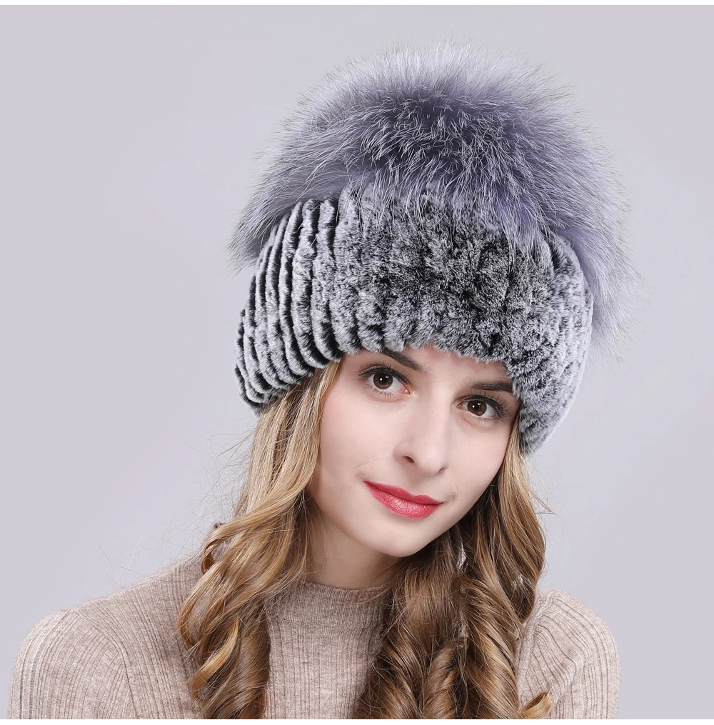 Outdoor Women Warm Soft Genuine Rex Rabbit Fur Hat Knitted Natural Real Sliver Fox Fur Caps Winter Real Rabbit Fur Beanies Hats