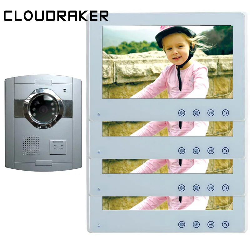

CLOUDRAKER 10'' Video Doorbell Intercom System 4x Monitor with 1x Silver Wired Door Phone Camera Video Intercom