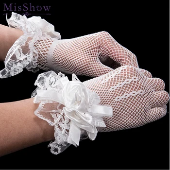 

Short Bridal Gloves Ivory Wedding Gloves Cheap Wedding Accessories Lace Flower Tulle Wrist Finger Gloves gants femme mariage