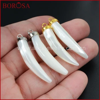 

BOROSA Wholesale 15pcs Gold Cap Or Silver Cap Natural White Shell Canine Teeth Pendant High Quality Fashion Jewelry WX023