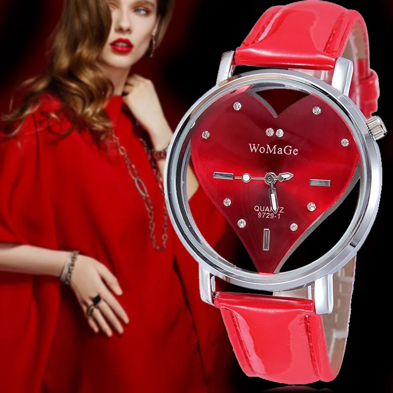 Женские модные наручные часы, роскошные персиковые часы с сердечком, красные и розовые повседневные часы, кожа, кварцевые женские часы