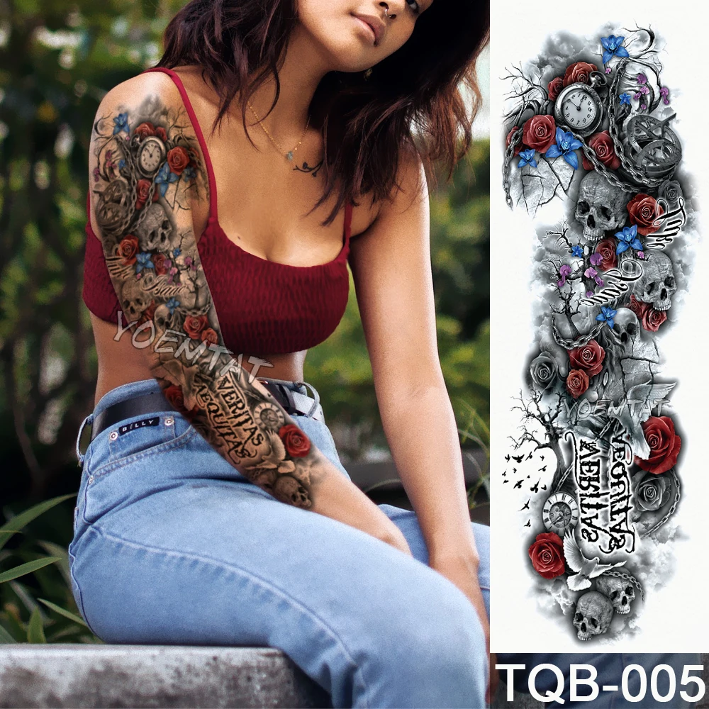 New 4817cm Full Flower Arm Tattoo Sticker Color Text Skull Roses 