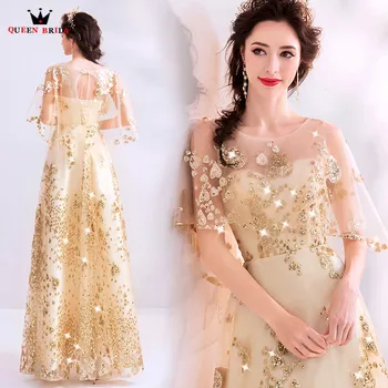 

Elegant Golded Formal Evening Dresses A-line Sequins Tulle Flowers Shiny Prom Party Dress Evening Gown 2020 New Fashion JK71