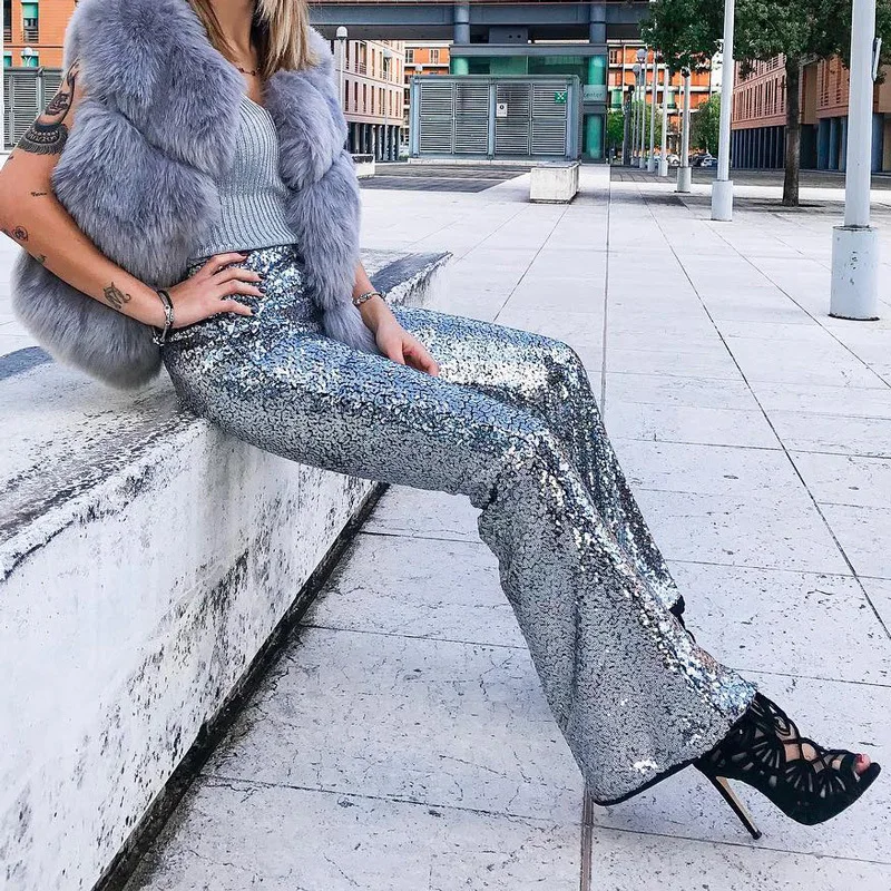 

Club Wear Disco Sequin Trousers Wide Leg Long Pants Silver Sparkle Women Elastic High Waist Flare Legs Show Dance Pantalones