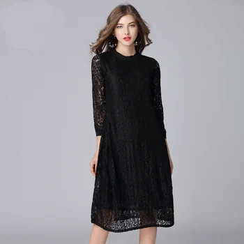 

2018 Euro Style New Style Half High Collar Pure Color Lace A-Line Dress Fashion All Matched Lady Hollow Out Large Yards Dress