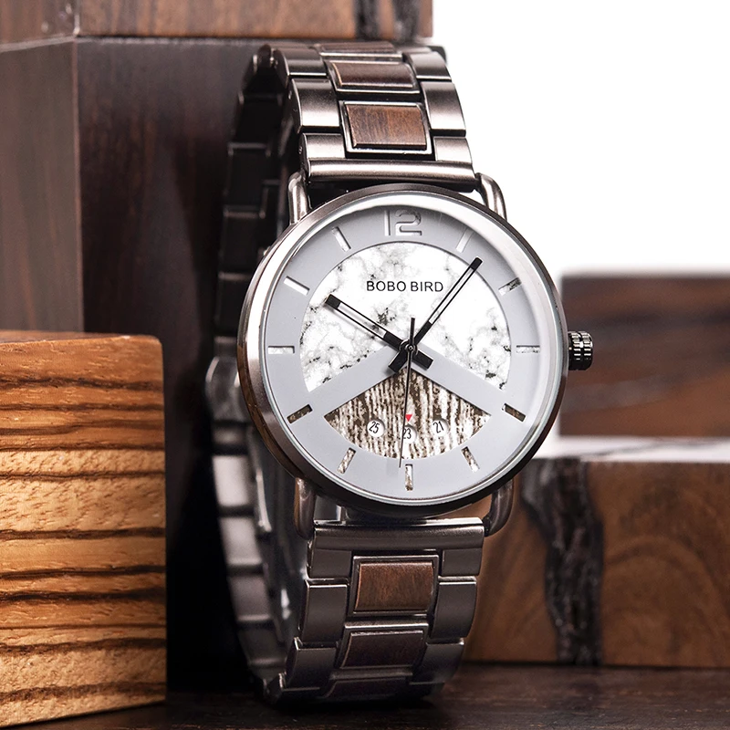 BOBO BIRD Men Luxury Wood Watch Timepiece Date Show Stainless Steel & Wood Band In Gift Box relogio masculino L-R30/S01