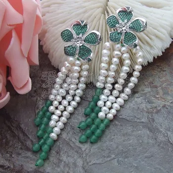 

E072012 3.7" White Pearl Stone Earrings Cz Pave Flower Stud