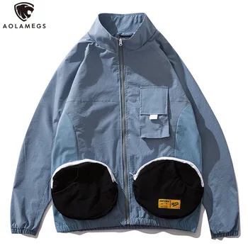 

Aolamegs Jacket Men Funny Pockets Tracksuit Japanese Retro Harajuku Patchwork Color Advanced Windbreaker High Street Streetwear