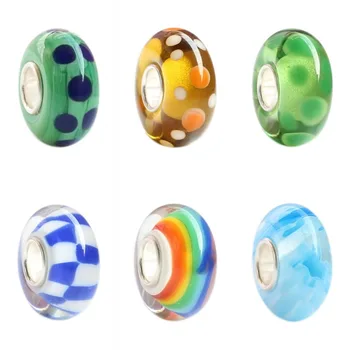 

925 Sterling Silver Large Hole Colorful Flower Board Rainbow Spot Murano Glass Charm Beads Fit European Bracelet Jewelry