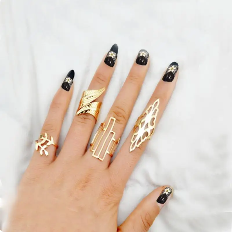 

4 pcs/set Fashion Rings Set Geometric Leaf Punk Rings Boho Hollow Flower Party Mid Finger Rings for Women Bijoux Jewelry