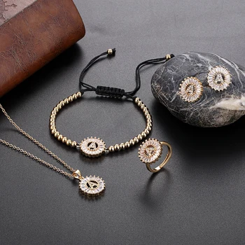 

NEW 26 Letters Charm Cubic Zirconia Ring Bracelet Necklace Earrings Women Alfabet Initial Cute Jewelry Sets Brincos