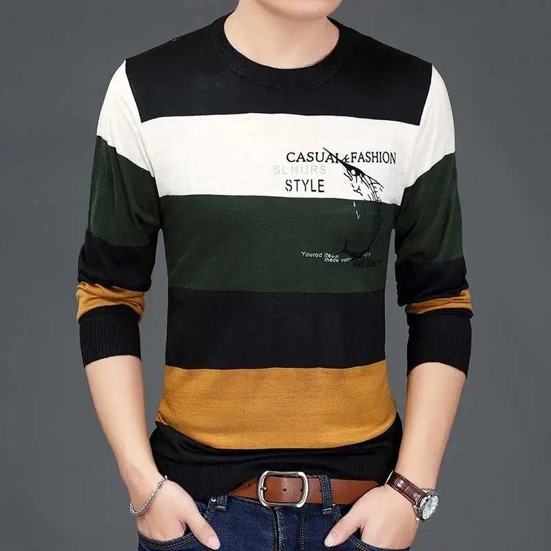 Дизайнерский пуловер, полосатый мужской свитер, мужской тонкий трикотажный свитер, Мужская одежда, облегающий трикотаж, модная одежда 10034 - Цвет: Dark Green