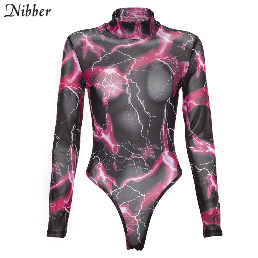 Nibber spring Mesh print Elastic Slim full sleeve bodysuits2019fashion Basic ladies High street casual wear Soft Casual bodysuit