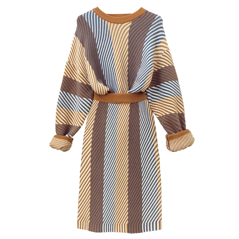 ALPHALMODA Autumn Winter Color Striped Knit Skirt Suit Loose Pullover sweater Back Slit Skirts Women 2pcs Casual Sets