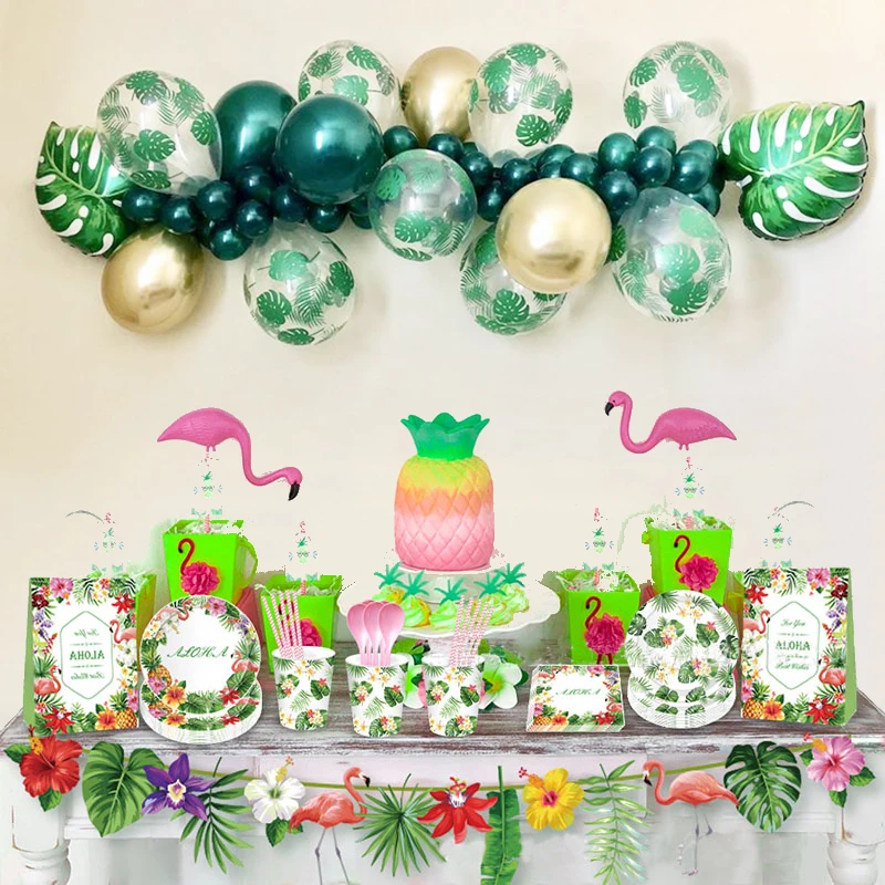 Hawaiian Party Decorations Artificial Flowers Palm Leaves Bunting Banner Luau Flamingo Summer Tropical Party Wedding Decoration