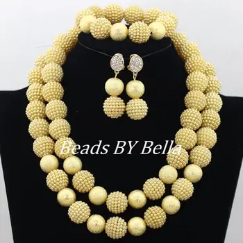 

Splendid Nigerian Wedding African Beads Jewelry Set Gold Beads Wedding Balls Necklace 2 Rows Necklace Free Shipping ABF107