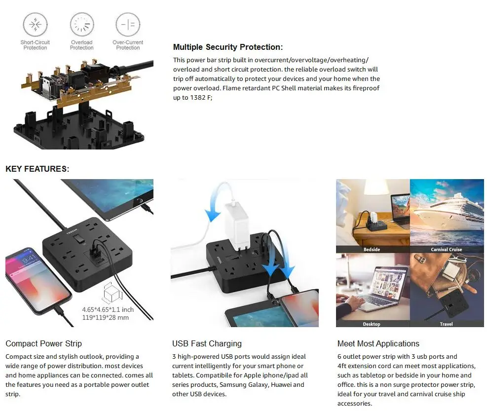 Tessan путешествия мощность полосы с 3 USB порты и разъёмы 6 AC розетки зарядная станция 4ft удлинитель Multi Электрический фильтр для США