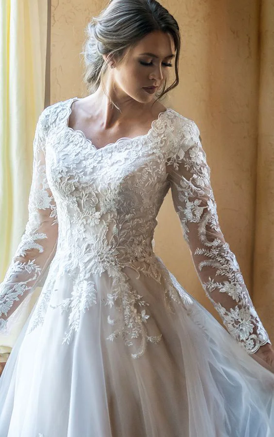 Vestido de novia свадебное платье трапециевидной формы с v-образным вырезом и длинными рукавами, кружевная отделка бисером и пуговицами - Цвет: same as picture