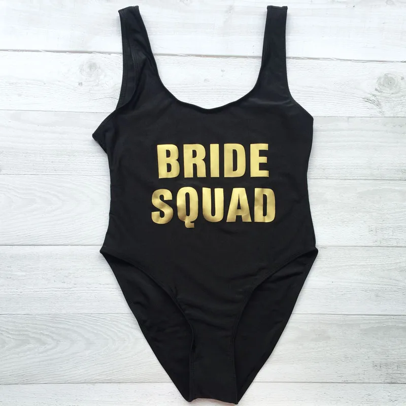 

Sexy Bodysuit BRIDE SQUAD Letter Print One Piece Swimsuit Swimwear Women High Cut Beachwear Monokini Bathing Suit Wedding Bikini