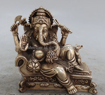 

6" lucky Chinese Tibet Silver 4 Arms Ganesh Elephant Mammon Buddha Mouse Statue