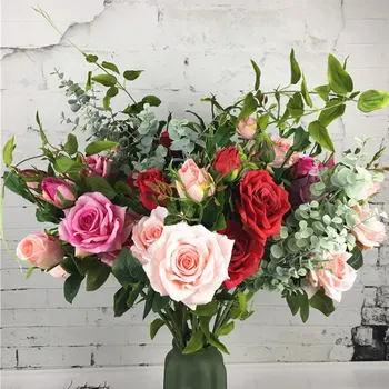 

2019 Luxurious Roses branch silk Artificial flower fleur artificielle fake flower flores for home wedding decoration Eucalyptus