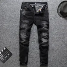 Italian Vintage Designer Men Jeans Slim Fit Elastic Patch Black Ripped Jeans Men Streetwear Hip Hop Denim Pants Classical Jeans