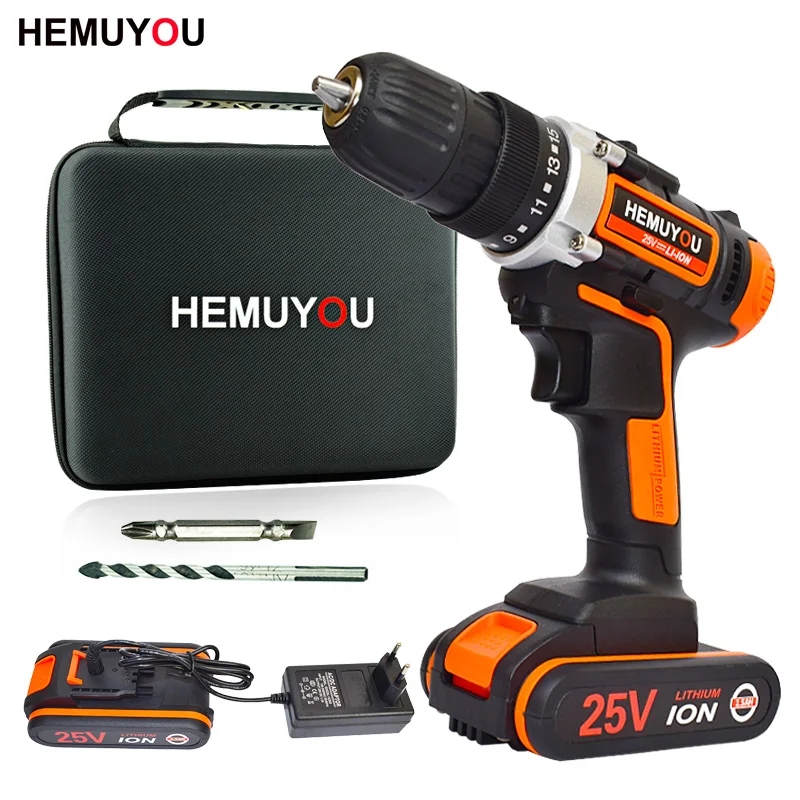 

25V cordless electric screwdriver multi-function drill 1 or 2 battery double speed + smart battery display powerful