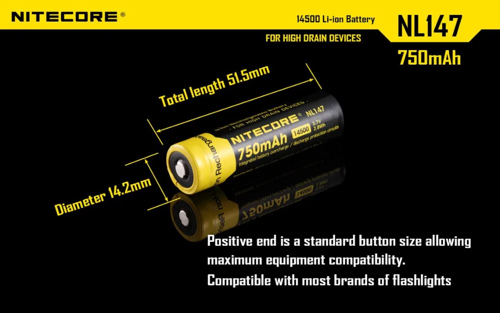 1 шт. Nitecore NL1485 14500 850 мАч батарея высокого стока nitecore 14500 литий-ионная батарея с верхней кнопкой для фонарика(1 шт