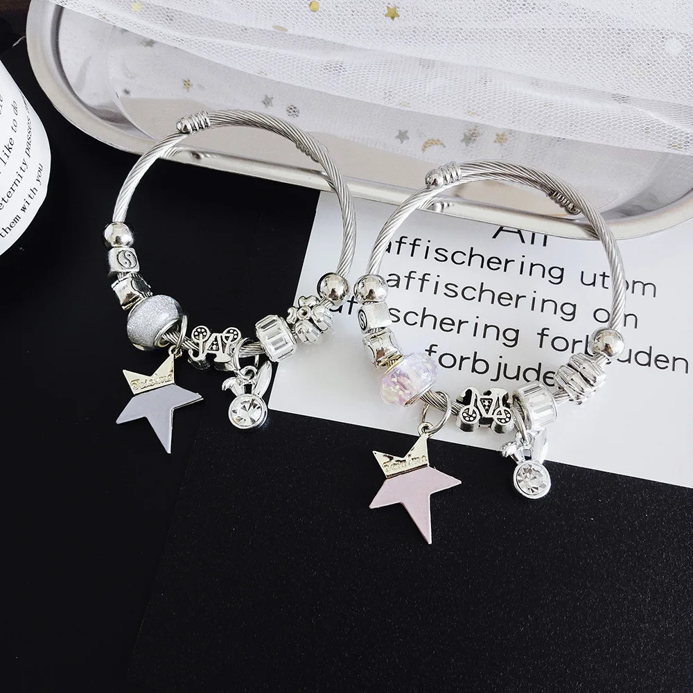 Bohemian Rabbit Star Crystal Charm Stainless Steel Bracelets & Bangles for Women Beads Handmade Charm Bracelet Jewelry B61