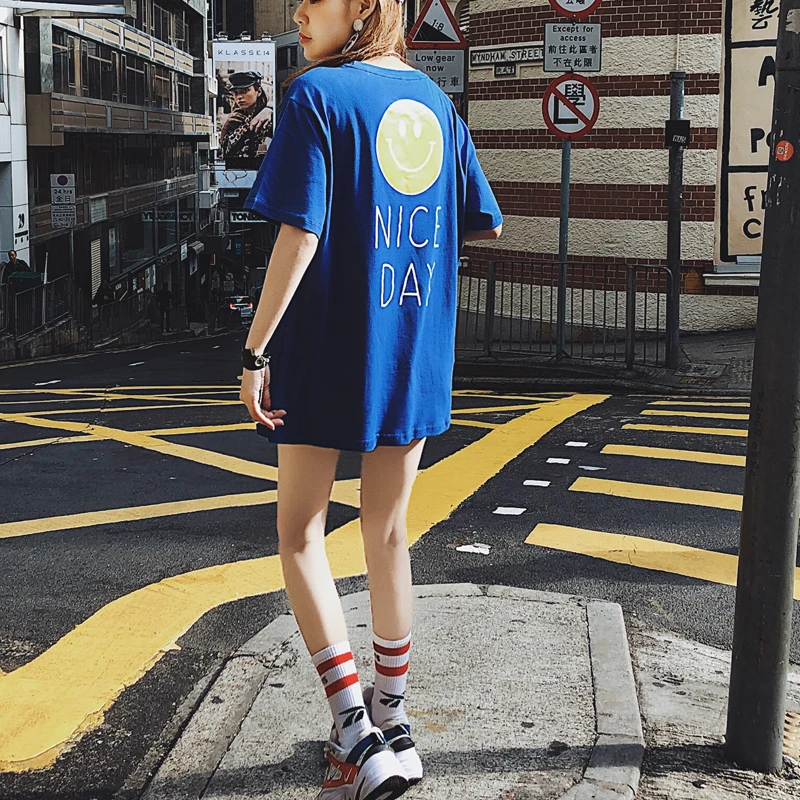 HLBCBG летние футболки Для женщин Хлопок Забавный принт смайлик с круглым вырезом короткий рукав футболки Для женщин Harajuku графических тройников Для женщин топы