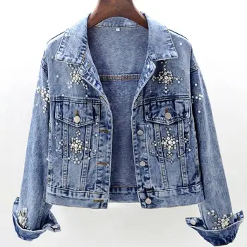 

spring and autumn denim jacket women heavy work beaded long-sleeved loose jeans coat