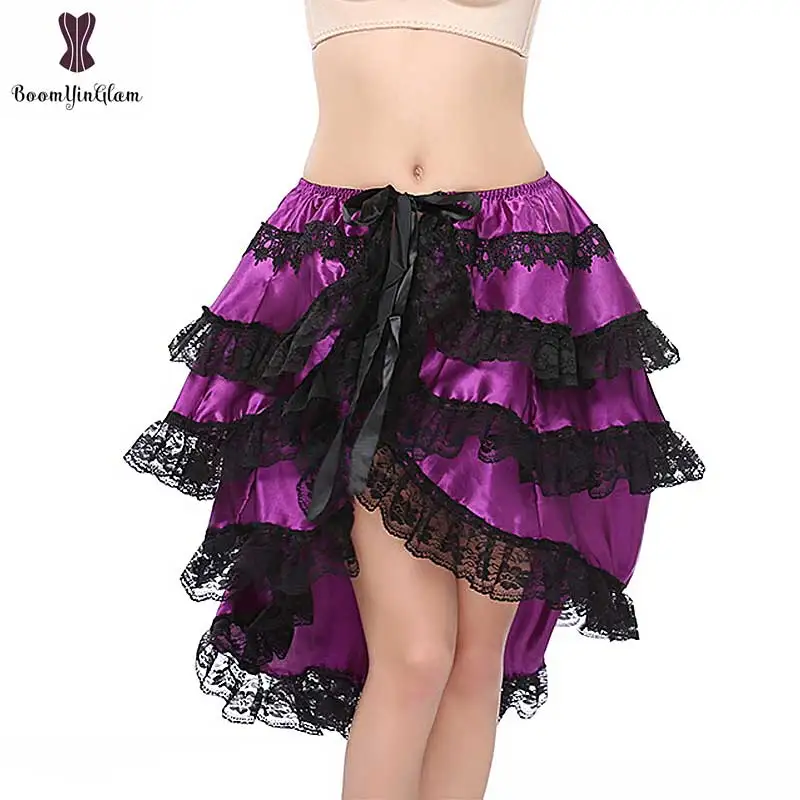 

Purple 6XL Plus Size Skirt Women Knee-Length Summer Skirts With Black Lace Decoration Steampunk Style Sexy Layers Skirt Female