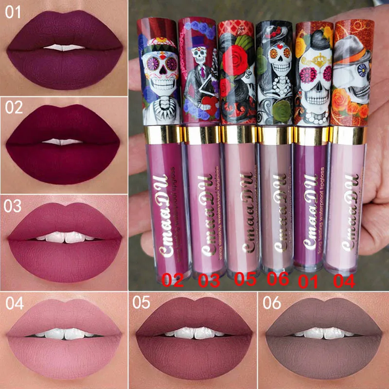 

1Pcs Brand Makeup 6 Colors Matte Skull Lipstick CmaaDu Long Lasting Liquid Lipsticks Velvet lip Gloss 2018 Beauty Girl