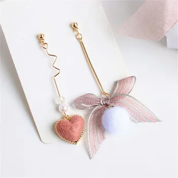 

Fashion Heart Earrings Asymmetric pink bowknot heart-shaped Drop earrings female Classic long tassel earrings for woman jewelry