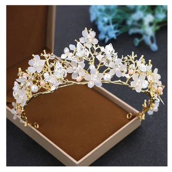 

Golden Color Queen Crown Rhinestone Flower Wedding Jewelry Baroque Tiaras Butterflies Hairwear for Bride Hairband Accessories